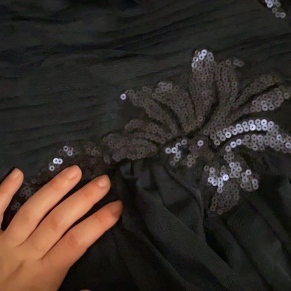 Tadashi Shoji / navy blue tulle draped long sleeve sequin lace gown dress 10 - Picture 5 of 5